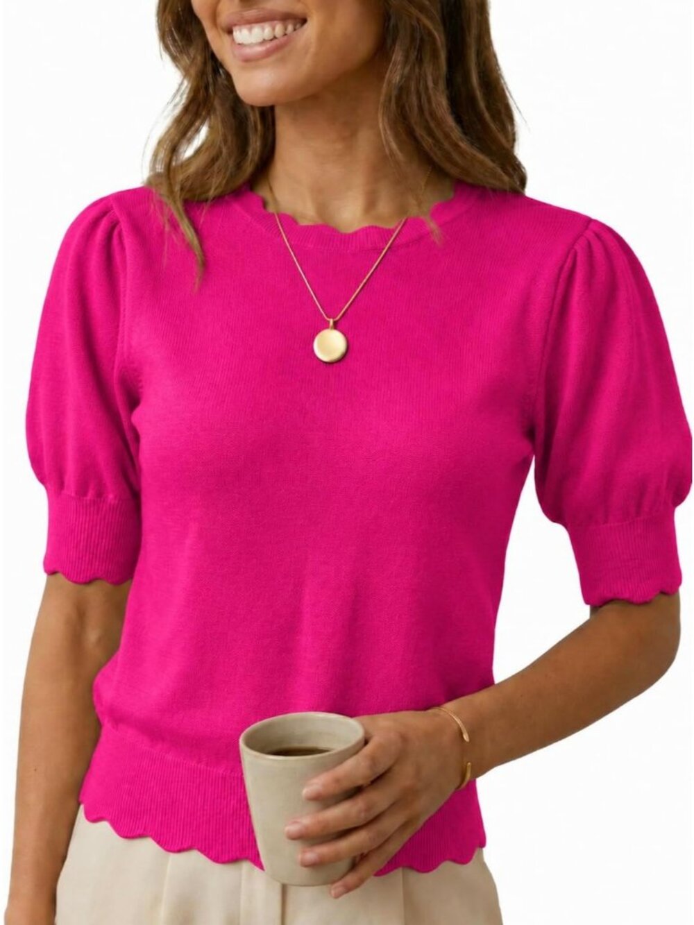 Women's Rose Red Short Sleeve Crew Neck Pull On Imported Casual Sweater - Picture 1 of 5